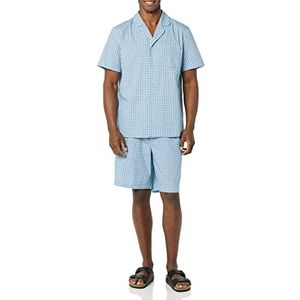 Amazon Essentials Heren lichtgewicht geweven inkraag korte pyjama set, blauwe geo-print, medium