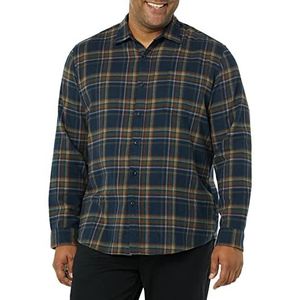 Amazon Essentials Men's Flanellen overhemd met lange mouwen (verkrijgbaar in grote en lange maten), Bruin Donker marineblauw Plaid, XS