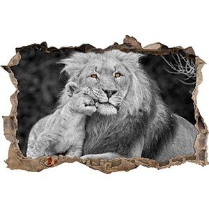 Pixxprint 3D_WD_S4936_62x42 knuffelende leeuw met kleine jongen muurdoorbraak 3D muurtattoo, vinyl, zwart/wit, 62 x 42 x 0,02 cm