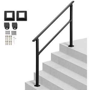 VEVOR Leuningen voor buitentrappen, 4-5 treden traprailset, zwarte vierkante buis met horizontale stang, koolstofstalen steunrails voor senioren, beton- en dektrappen, eenvoudige installatie