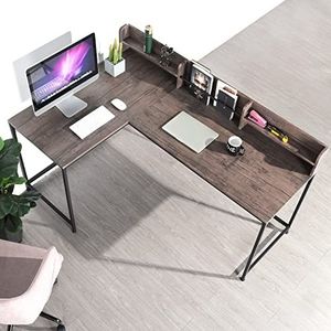 FurnitureR L-vormige hoekcomputertafel, laptoptafel voor gaming, bureau-werkplek met 3 metalen planken, bureaublad met 3 planken, 165 x 55-110 x 75-95 cm
