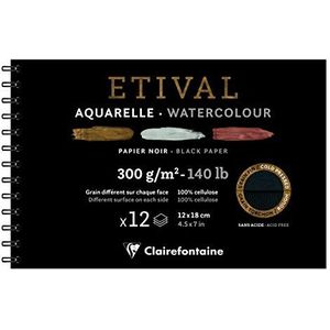 Clairefontaine 975325C Spiraalalbum voor tekenpapier, Etival, 12 vellen, 12 x 18 cm, 300 g, dubbele korrelgrootte (voorzijde fijn en achterkant met theedoek), zwart