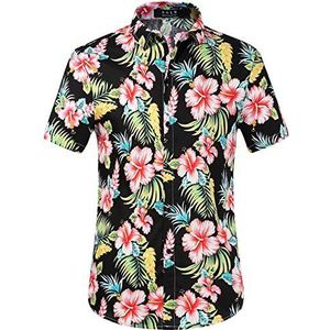 SSLR Heren Button Down Causale Korte Mouw Aloha Hawaiiaanse Shirts, Rode Hibiscus, S