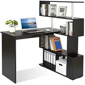 Meerveil Computertafel L-vormig, hoekbureau, met 360 graden draaibare boekenkast voor werkkamer, woonkamer, kantoor, 157 x 45 x 130,5 cm, zwart