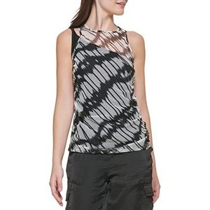 DKNY Dames Cold Shoulder Top met mesh overlay Vest, wit/zwart., M