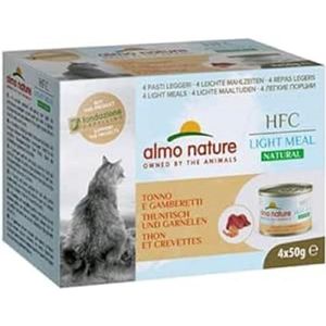 Almo Nature - HFC Natural Light Meal - tonijn en garnalen – Natvoer voor volwassen katten: 4 blikjes van 50 g