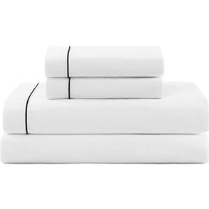 Tommy Hilfiger - Lakenset, katoenen percal beddengoed met bijpassende kussensloop, fris en cool, effen ontwerp met zoom streep (wit/marineblauw, twin)