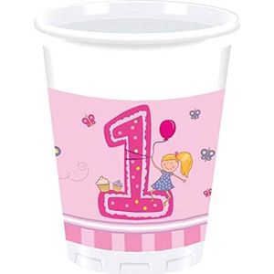 Procos 85710 eerste verjaardag meisje 8x plastic beker 200 ml, roze