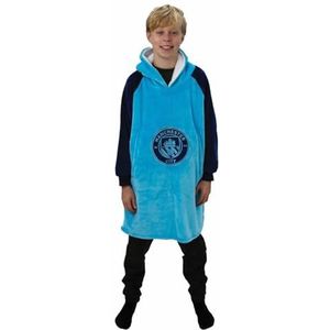 Character World Hugzee Oversized draagbare fleece met capuchon | Super warme en gezellige sherpa gevoerd, Mancheter City FC-ontwerp | Perfect voor kinderen van 7-12 jaar, één maat aanbevolen hoogte 85