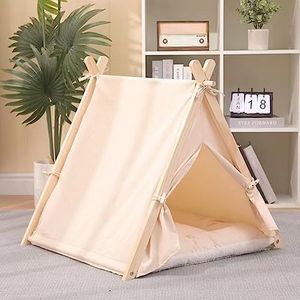 BAKAJI Huisdiertent, honden- en kattenmand met robuust houten frame en ademende canvashoes, comfortabel en eenvoudig te monteren, ideaal voor binnen en buiten (beige)