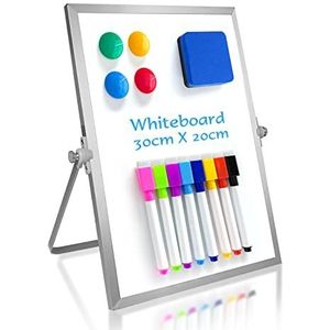 OWill Droog wissen whiteboard, 30 x 20 cm klein magnetisch desktop whiteboard met standaard, draagbaar dubbelzijdig whiteboard ezel voor tekenen op school en thuis