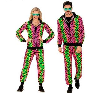 Widmann - Kostuum trainingspak, dierenpatroon tijger, neon, dierenprint, jaren '80-outfit, joggingpak, badknop-outfit, carnavalskostuum