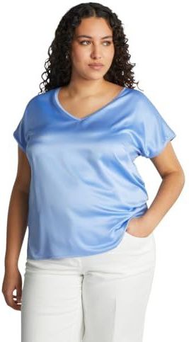 Fiorella Rubino: T-shirt van satijn en jersey, curvy size Spring Summer 24, Lichtblauw, L Grote maten