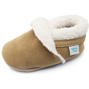 Dotty Fish Zachte suède slippers voor baby's en kinderen – jongens en meisjes, antislip zachte zolen, warme fleece gevoerde huisschoenen, elastische enkels - Lichtbruin Bruin 2-3 Jaar