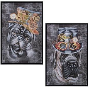 DRW Afbeelding op canvas met honden met houten hoed in verschillende kleuren, 40 x 60 x 3,5 cm