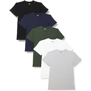 Lower East Heren T-shirt met V-hals, gemaakt van 100% katoen, Wit/zwart/grijs/blauw/groen, set van 5, XL