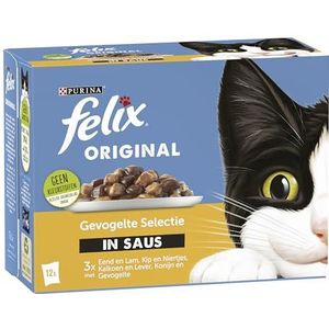 Felix Original Gevogelte Selectie kattenvoer, natvoer met Eend en Lam, met Kip en Niertjes, met Kalkoen en Lever, met Konijn en Gevogelte in Saus 12x85g - doos van 4 (48 portiezakjes, 4,08kg)