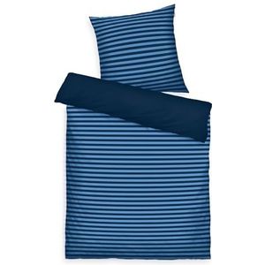 TOM TAILOR Renforcé beddengoed, 70 x 90 cm + 140 x 200 cm, 100% katoen renforcé, met omkeerbaar motief en gekleurde merkritssluiting, Medium Stripes blauw (Dark Navy, Cool Blue)