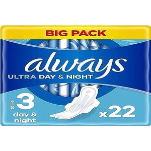 Always Ultra maandverband, maat 3, dag en nacht, 22 handdoeken met vleugels, overvloedige stroom dag en nacht, maximaal comfort, super absorberend en ultradun