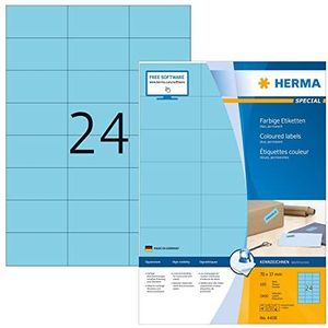 HERMA 4408 Gekleurde Etiketten A4 (70 x 37 mm, 100 velles, papier, mat) zelfklevend, bedrukbaar, permanent klevende retail etiketten, 2400 etiketten voor printer, blauw
