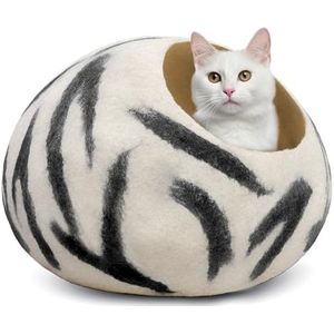 Woolygon Wollen kattenmand, handgemaakt van 100% merinowol, milieuvriendelijk vilten kattenhok voor binnen katten en kittens (witte tijger)