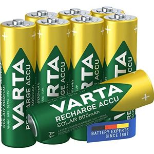 VARTA Batterijen AA, oplaadbaar, verpakking van 8, Recharge Accu Solar, oplaadbare batterij, 800 mAh Ni-MH, gebruiksklaar, ontwikkeld voor tuinverlichting op zonne-energie