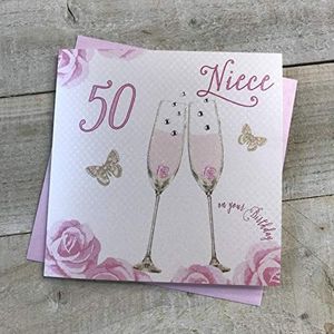 White Cotton Cards Gelukkig 50e Verjaardagskaart Nichtje Champagne Glazen Roze Rozen SS42-NIE50