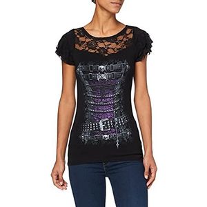 Spiral Direct Dames Corset-Kant Gelaagde Cap Mouw Top Zwart T-Shirt, Zwart (Zwart 001), L