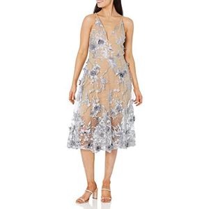 Dress the Population Women's Audrey Spaghetti Strap MIDI A-LINE 3D Floral Dress Dress, Mineral Blue/Nude, S