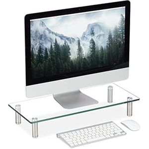 Relaxdays monitor verhoger glas, tv-verhoger, laptopstandaard, hoogte verstelbaar 9-11 cm, 56x24 cm, doorzichtig