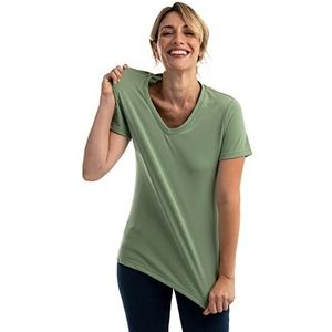 Dames-T-shirt zonder strijkijzer, kreukvrij, vlekwerend, zonder zweetvlekken, geurvrij, ademend, V-hals met korte mouwen, Groene Safari, XL