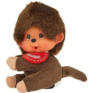 Sekiguchi 257140 - Originele Monchhichi jongen met clip-mechanisme, klem van bruin pluche met rode leat, ca. 20 cm groot pluche dier voor het bevestigen aan tassen, rugzakken en meubelstukken