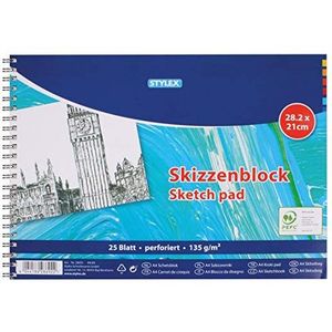 Stylex 28692 Schetsblok met spiraalbinding, geperforeerd, 28,2 x 21 cm, 25 vellen, 135 g/m², geschikt voor potlood, houtskool, rodel, waskrijt, pastelkrijt, kleurpotloden en aquarelpotloden