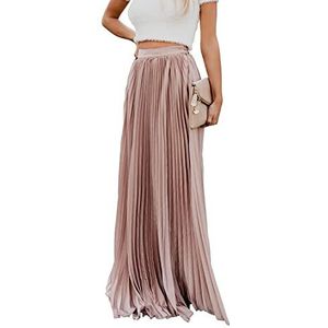 utcoco Women's Elegant Maxi Skirt High Waisted Pleated Chiffon Long Skirts for Women (Large, Pink)