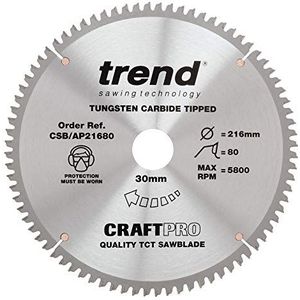 Trend CraftPro werkblad voor aluminium en kunststof met TCT-cirkelzaagblad, 216 mm diameter x 80 tanden x 30 mm asgat, wolfraamcarbide getipt, CSB/AP21680