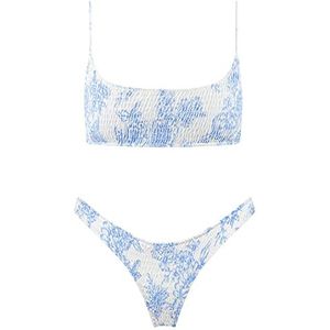 VOLAFA Women's Triangle Bikini Set Smocked Textured Scoop Frilled Print Ruched Elastic Swimsuit Two Piece Bathing Suit (Light Blue, Large)