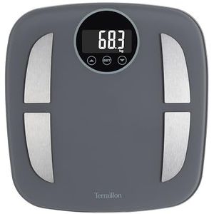 TERRAILLON - Power Fit - Elektronische personenweegschaal, impedantiemeter, analyse van vet-, spier-, water-, botmassa, BMI, groot display met achtergrondverlichting, capaciteit 160 kg, glasplaat,