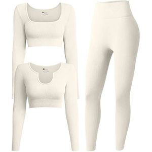 OQQ Dames 3-delige outfits geribbelde oefening lange mouwen crop tops workout hoge taille legging yoga set, Beige, S
