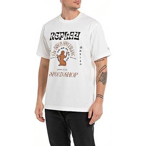 Replay Speedshop T-shirt voor heren met korte mouwen, ronde hals, wit (Natural White 011), S, natuurlijk wit 011, S