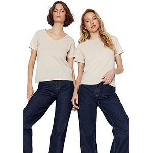 Trendyol Dames Beige Suprem V-hals en ronde kraag 2 pakket gebreid T-shirt, groot