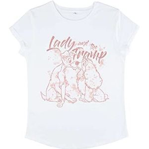 Disney Classics Women's Lady & The Lady Tramp Lineart T-shirt met opgerolde mouwen, wit, M, wit, M