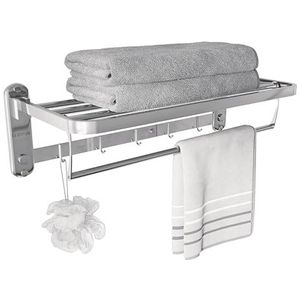 Eridanus Badkamerhanddoekenrek met 5 handdoekhaken, wandgemonteerde roestvrijstalen opvouwbare handdoekhouder met dubbele handdoekplank, hotelstijl doucheplank organizer, chroom - 60 cm lang