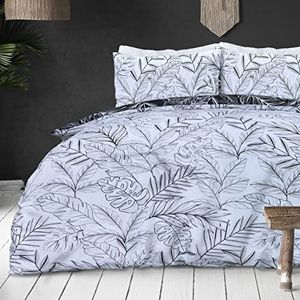 Sleepdown Tropische palmboom, bloemen, mono, wit, zwart, omkeerbaar, zacht, onderhoudsvriendelijk, dekbedovertrekset met kussenslopen, super kingsize (260 cm x 220 cm)
