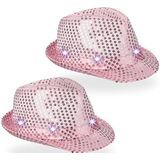 Relaxdays glitter hoed, set van 2, met 6 leds, 3 lichtstanden, pailletten, dames, heren, carnaval, cowboyfeest, roze