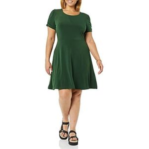 Amazon Essentials Dames verzamelde korte mouwen ronde hals shift jurk (verkrijgbaar in grote maten), donkergroen, XS