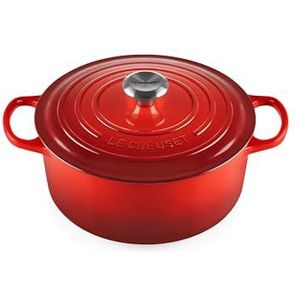 LE CREUSET Kenmerkende geëmailleerde gietijzeren ronde braadpan met deksel, 26 cm, 5,3 liter, kersenrood, 211772606