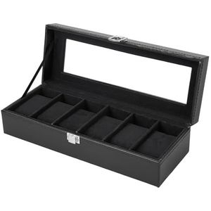 Ohuhu horlogedoos, 6 slot horloge houder met glazen deksel, PU lederen horlogekast horlogedoos voor mannen en vrouwen, horlogedisplay opbergdoos als cadeau voor Valentijnsdag verjaardag, zwart