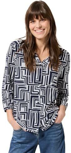 Cecil - Dames Shirt - Blauw/Wit - 3/4-Mouwen - Zachte Materiaalmix met Stretch