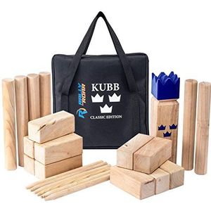 Rally and Roar Kubb CLASSIC RUBBERWOOD Yard Game Set voor Volwassenen, Families - Leuke, Interactieve Outdoor Familie Spellen - Duurzame Blokken met Reistas - Spellen voor Buiten, Gazon, Achtertuin