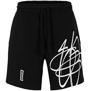 HUGO Dabsaroka Relaxed-Fit shorts voor heren, van katoen met logo in graffiti-stijl, zwart 1, XS